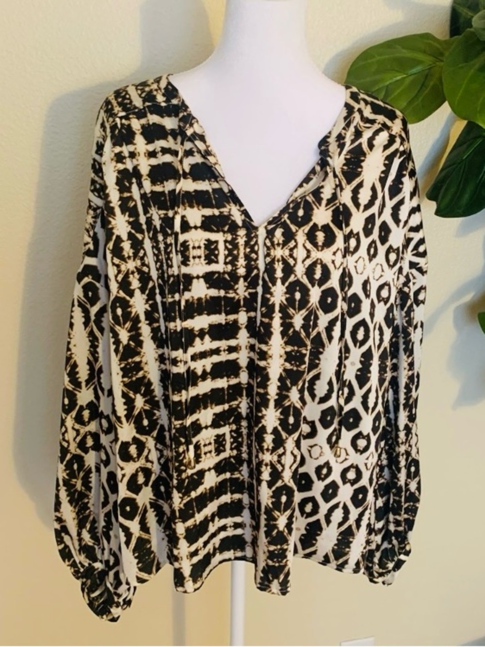 INC International Concepts Black and Cream Tie-Dye Print V-Neck Blouse